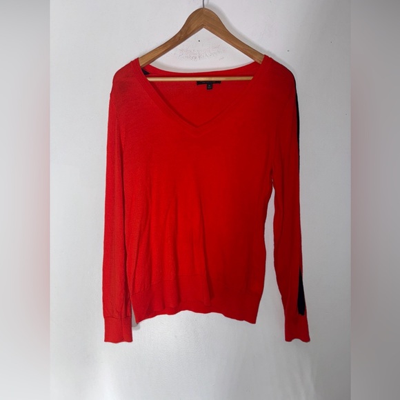 banana republic Medium Red Merino Wool V Neck‎ Sweater Navy Stripe Down Sleeve - Picture 1 of 5